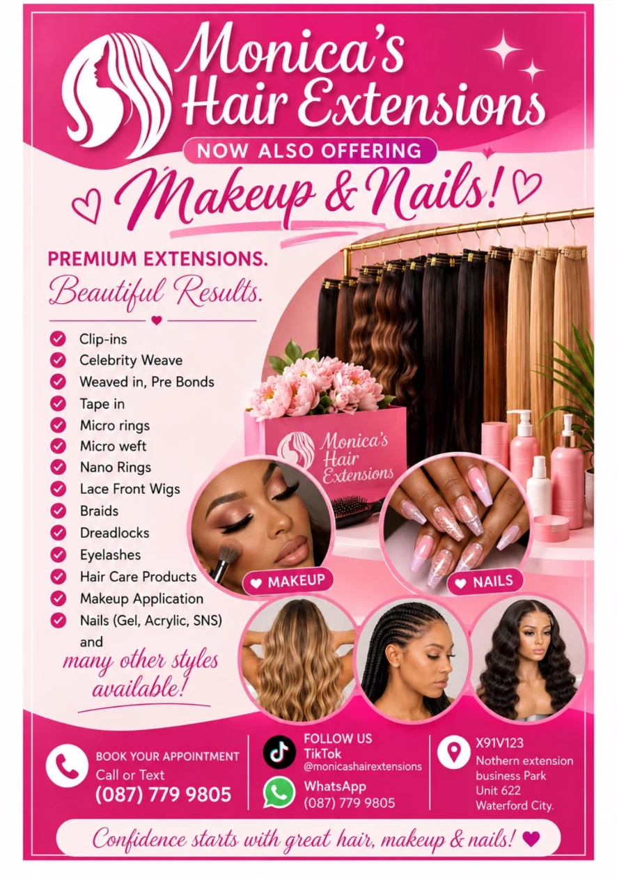 Monica's Hair Extensions services, now also offering makeup and nails